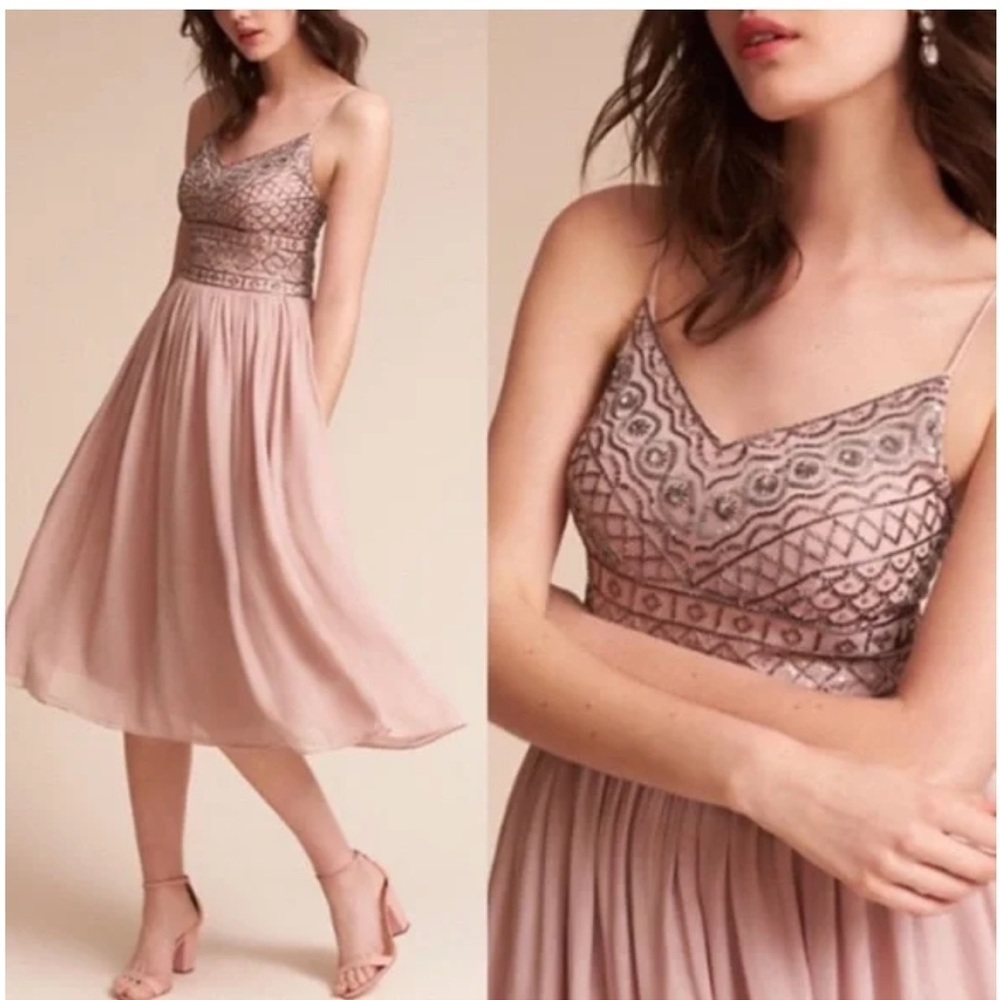 BHLDN ANTHROPOLOGY Bristol Mauve Beaded Bodice Midi Dress size 14